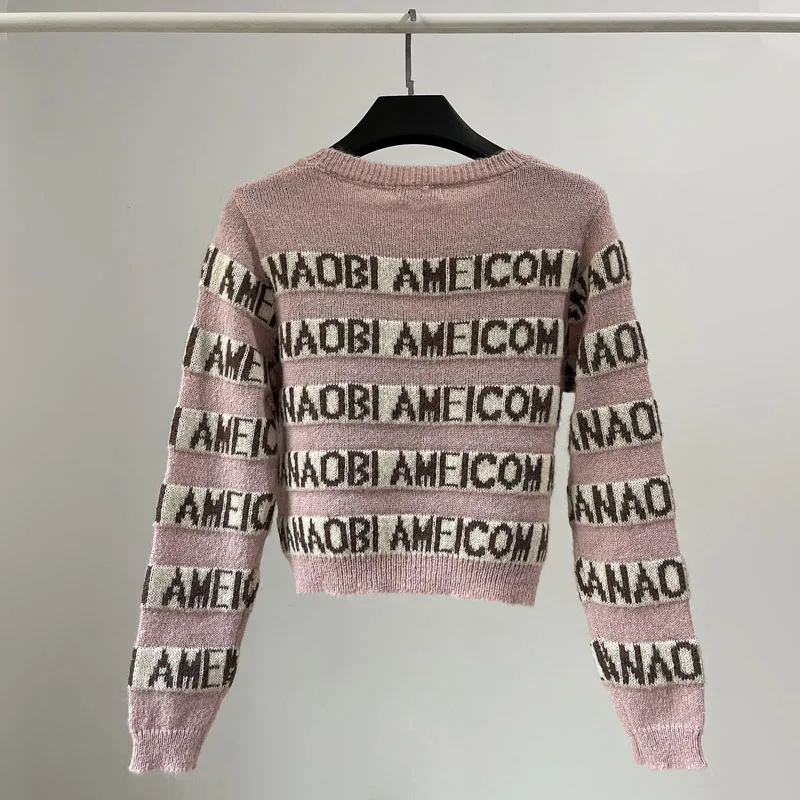 [YOZOU] Autumn Winter Knitwear Knitted Cropped Top Cute Pink Blue Letters Striped Sweater Women Crew Neck Pullover Jumper