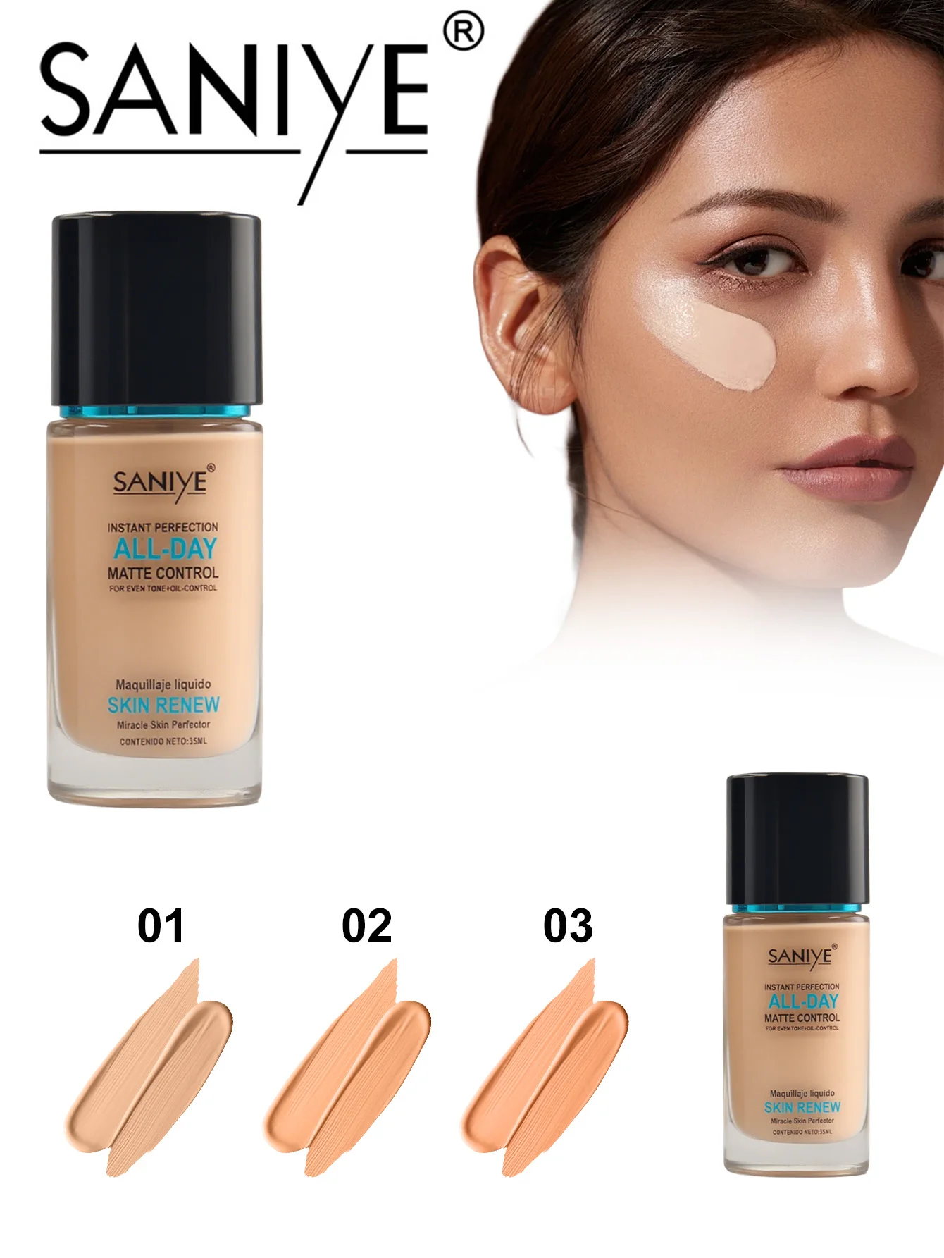 SANIYE professional make-up foundation liquid cubre perfectamente todos los tonos de piel claros y oscuros.  Efecto cosmético de larga duración sin arrugas ni oxidación durante 24 horas.  Apto para todo tipo de pieles