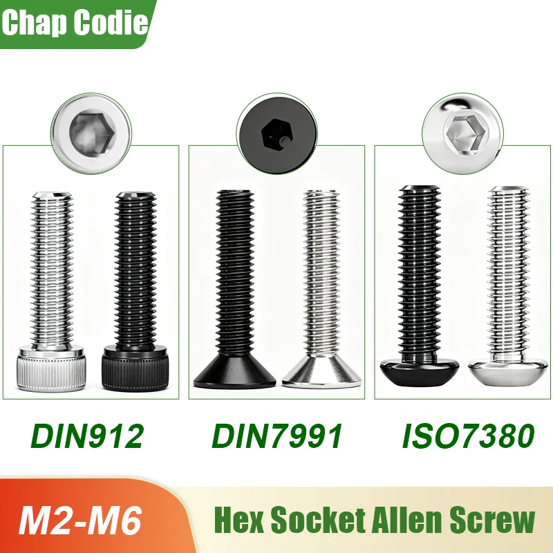 M2 M2.5 M3 M4 M5 M6 Hex Socket Screw 304 Stainless Steel Bolt DIN912 DIN7991 ISO7380 Carbon Steel Metric Black Allen Screws