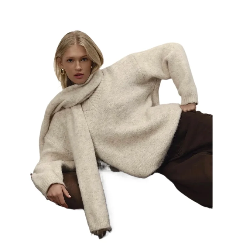 

Свободный вязаный свитер с V-образным вырезом для женщин, шарф для осенне-зимнего сезона, универсальная женская одежда