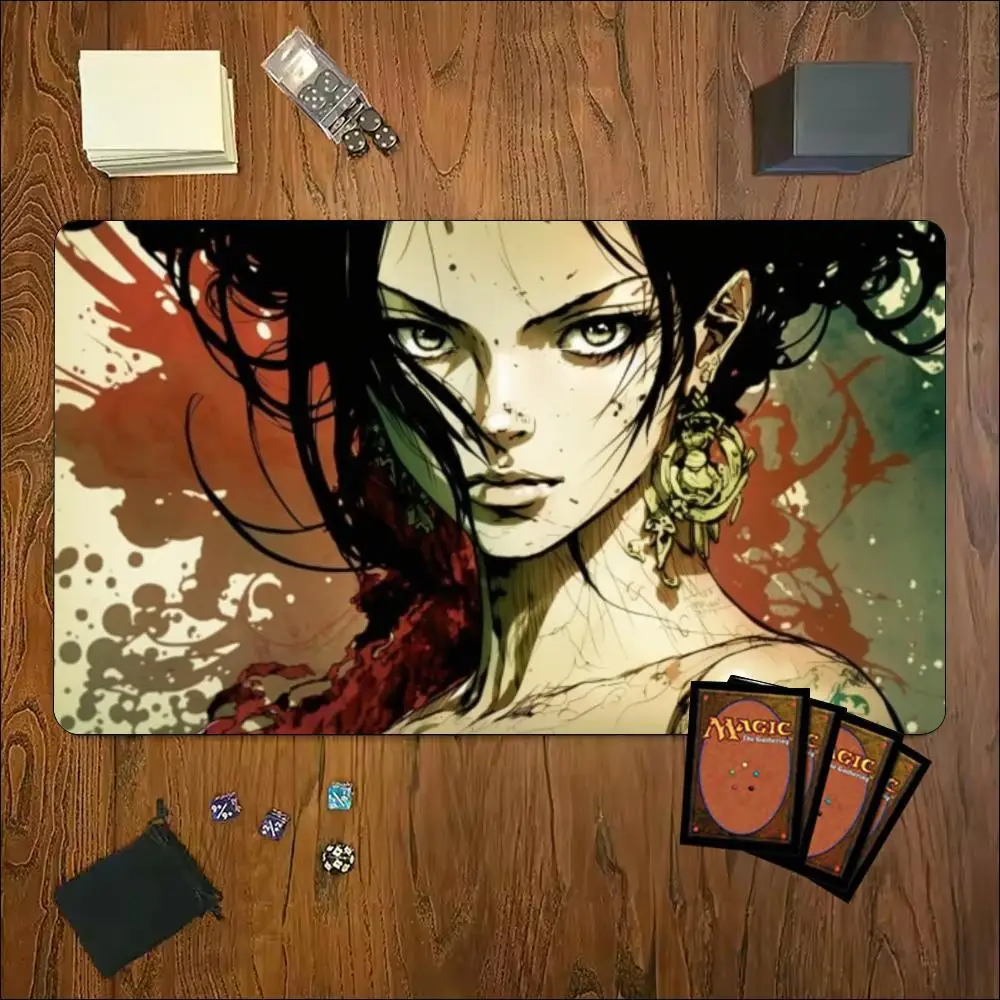 TCG Tabletop Playmat Vintage Anime Female Warrior Print Large Non Slip Rubber Pad Smooth Cloth For Trading Card Table Battles