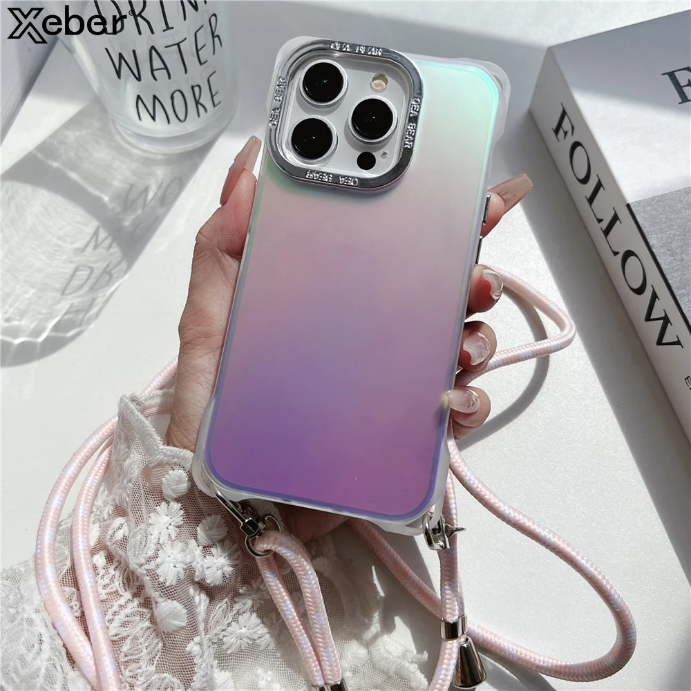 Fashion Colorful Glitter Matte Crossbody Necklace Lanyard Phone Case For iPhone 14 11 12 13 15 Pro Max Plus Hole Cord Rope Cover