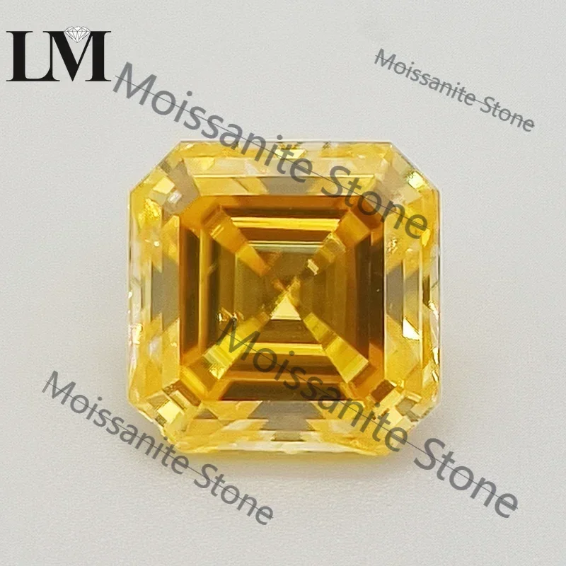 Pierre de Moissanite taille Asscher couleur jaune doré, testée au diamant, méthode Czochralski, avec certificat