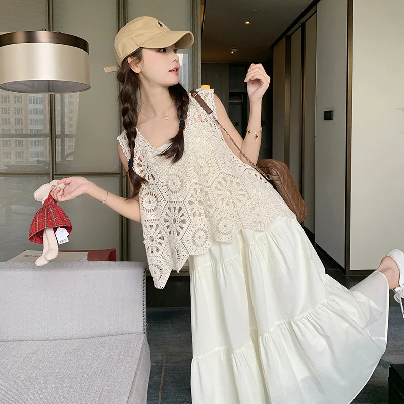 

Женский комплект: платье с вырезами и бретелями, лето 2025, новый стиль, многослойное платье-жилет, комплект из двух предметов, модный и стильный