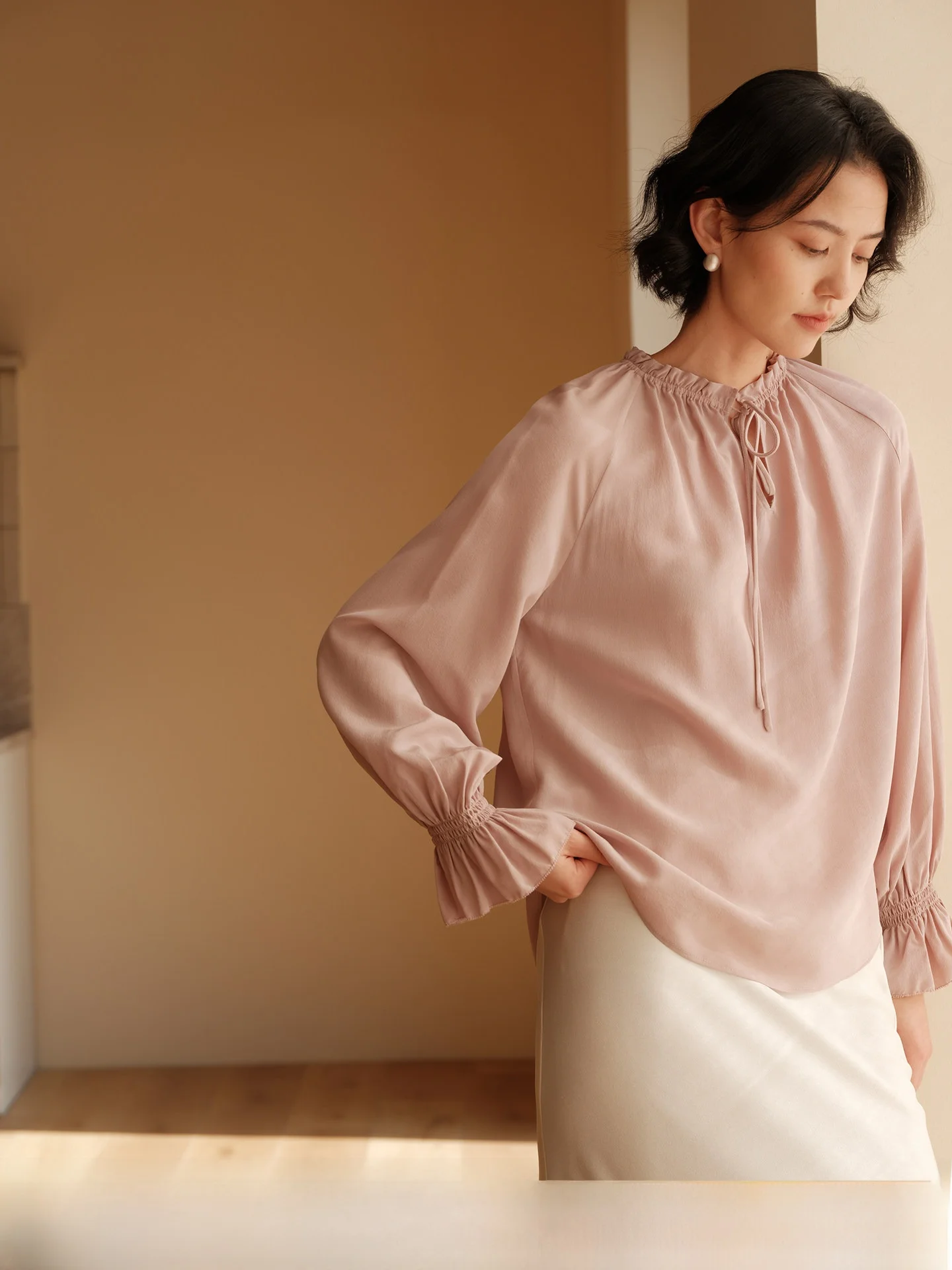 

Zhimai Rihuo Tea Flower 9MM Double Gauze Silk Buttoned Pink Stand Collar irt Adjustable Sve Length Long Sve Women's ...