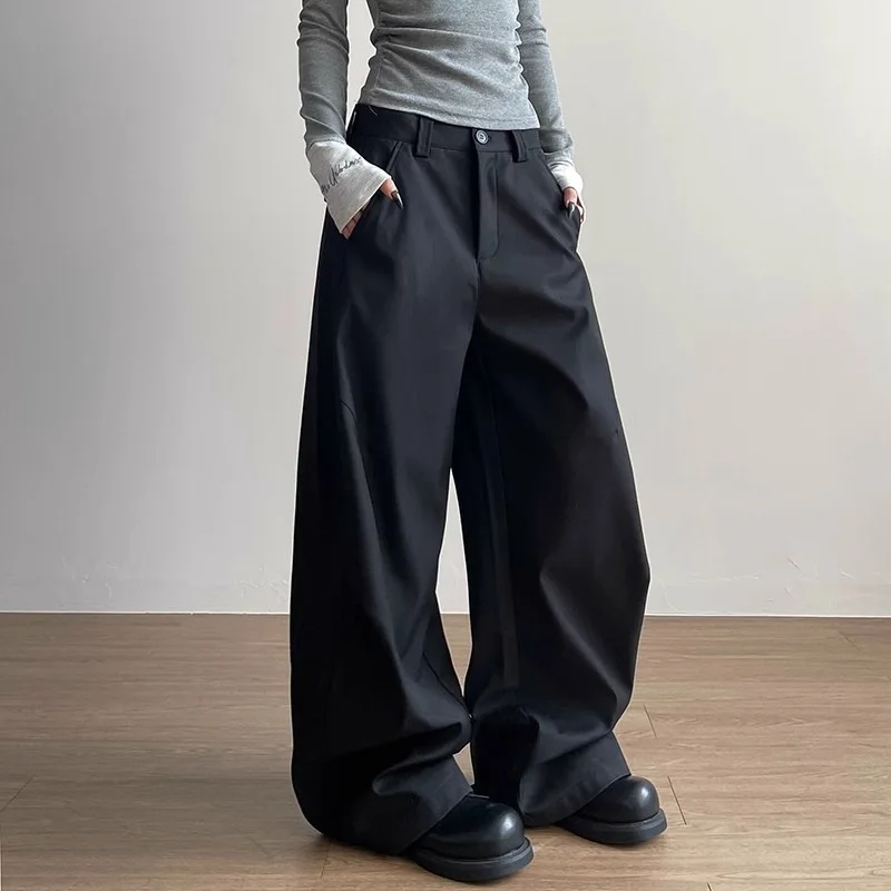 

Women Suit Pants 2025 New Unisex High Waist Pants High Street Retro Ruched Curved Wide Leg Straight Versatile Casual Trousers