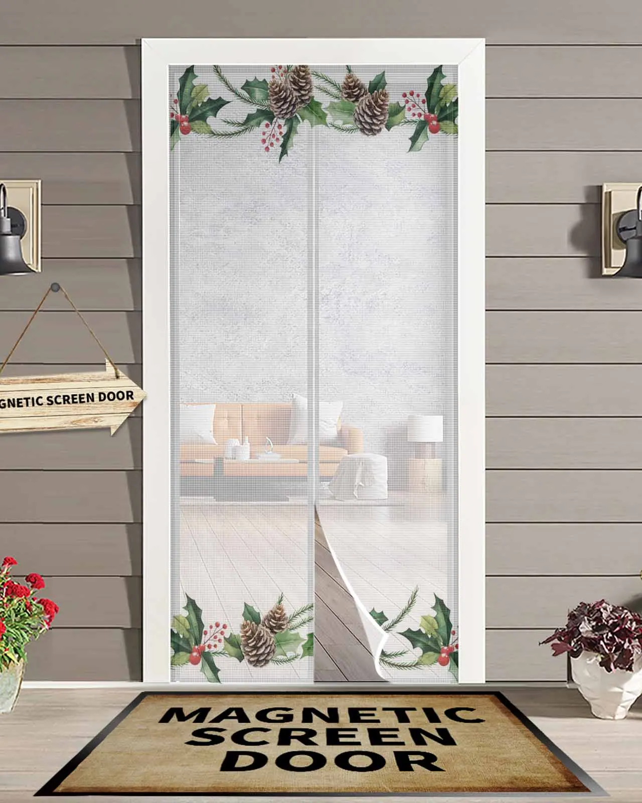 

Winter Christmas Berry Vine Magnetic Door Curtain Living Room Bedroom Home Anti-mosquito Screen Door Curtain