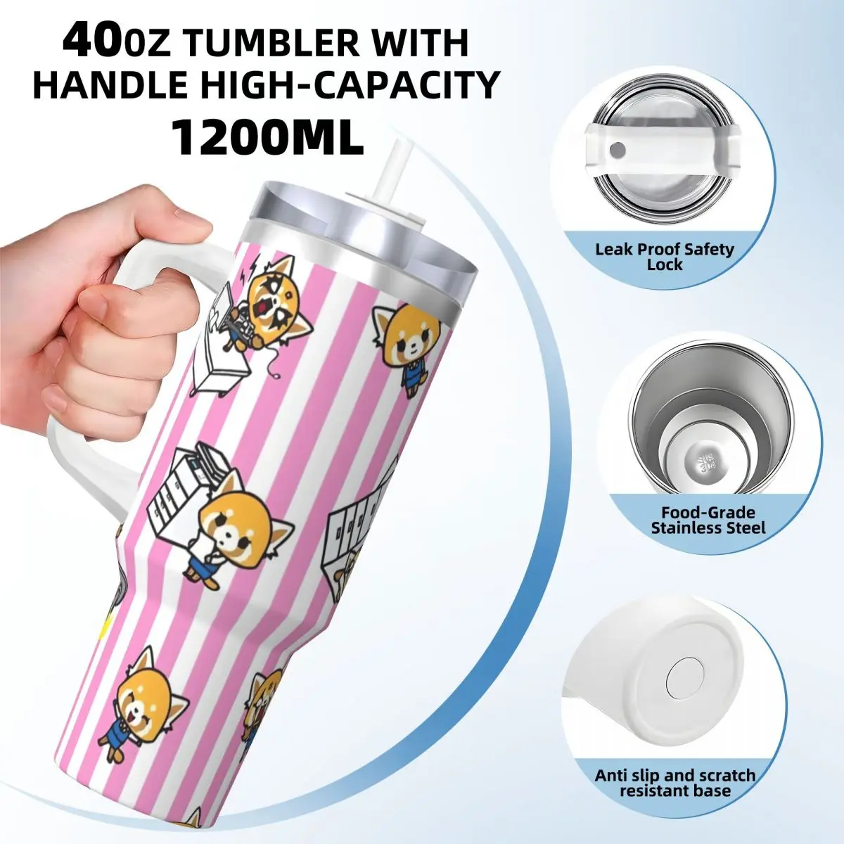 Sanrio Aggretsuko Cartoon Stainless Steel Tumbler Camping Thermal Cup With Straws and Lid Large Car Mugs Cold Drink Water Bottle