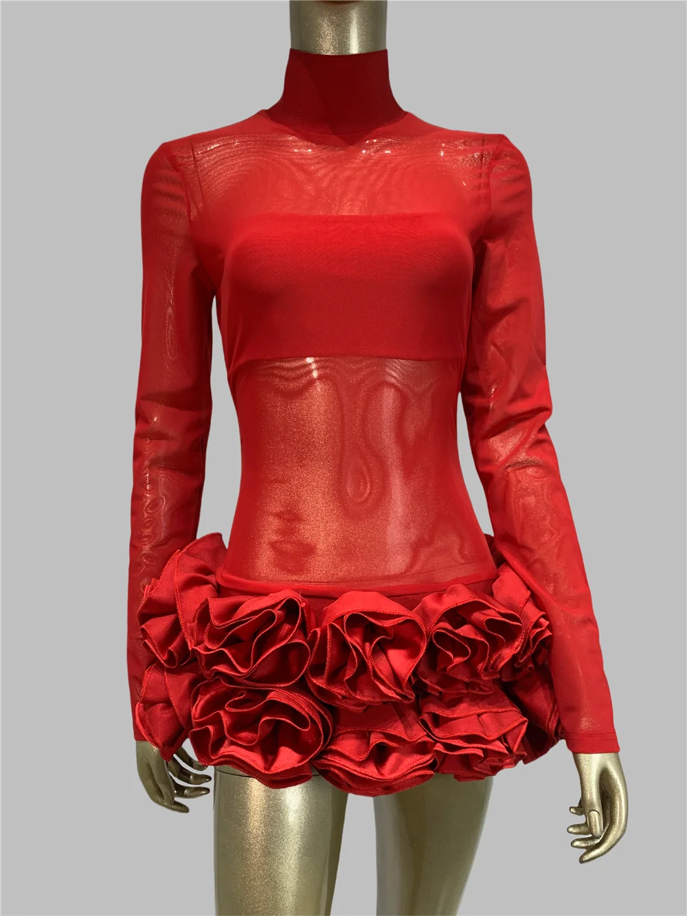 

Women Spring Red Party Two Piece Dress Tulle Long Sleeve Turtleneck Flowers Hem With Bandage Bustier Top Celebrity Evening Dress