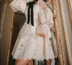 Verngo Puff Long Sleeves Princess Short Wedding Party Dress Lace Applique High Neck Mini Vintage Bride Gowns Robe de mariage