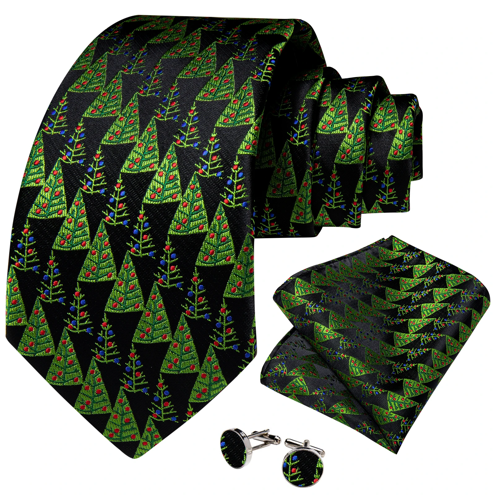 

Fashion Christmas Tree Green Black Silk Ties for Men 8cm Neck Tie Set Handkerchief Cufflinks Party Accessories Gift Wholesale