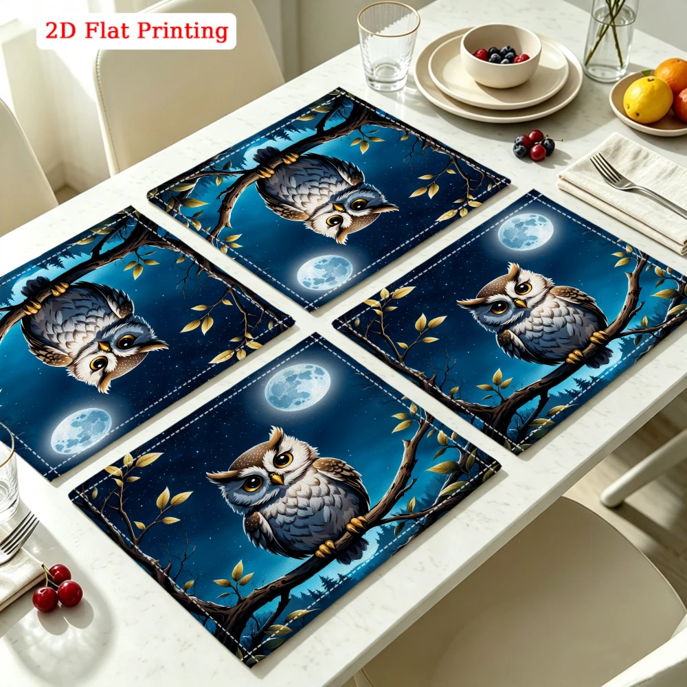 2Pcs Cartoon Owl Placemat Blue Night Sky Print Table Mat Kitchen Dining Decor Non Slip Heat Resistant 30X40Cm