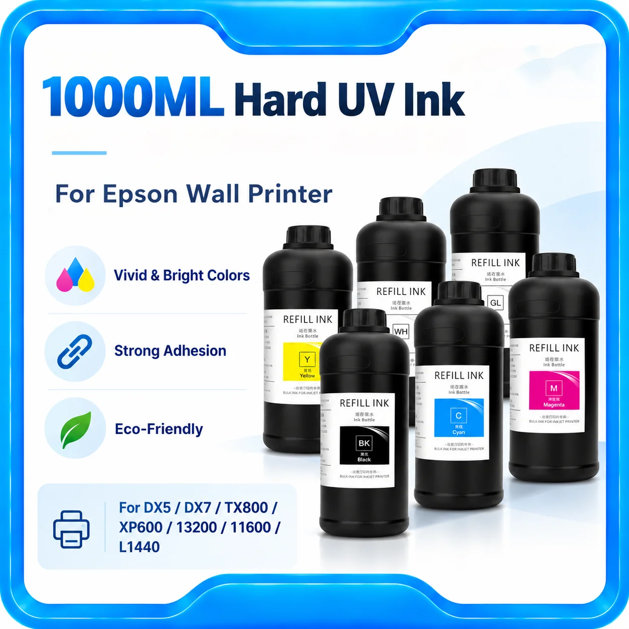 1000ML Hard UV Ink For Epson Wall Printer For DX5 DX7 TX800 XP600 I3200 I1600 L1440 Concrete Wall Printing Horizontal Printing