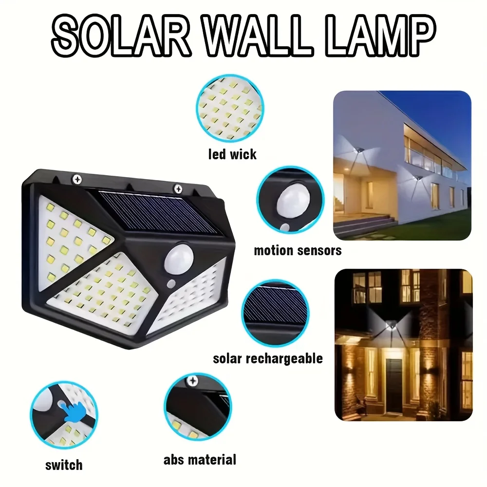 Outdoor 100 LED Solar Wall Light Sunlight Powered Spotlight With PIR Motion Sensor Waterproof Stairs Outdoor Wall Garden Lights