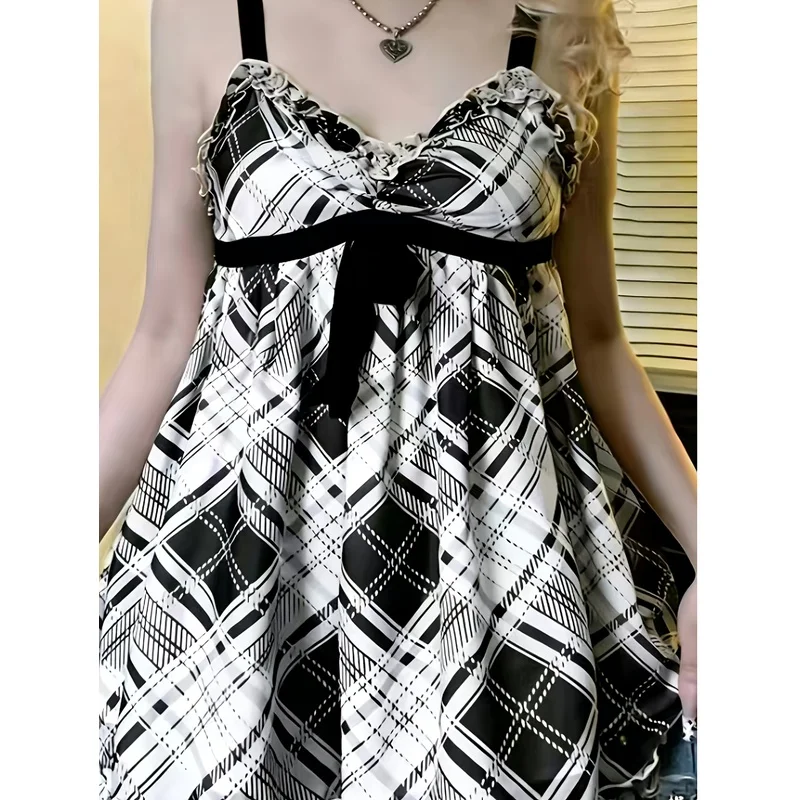 French-Style Girly Bow Plaid Strapless Top, Sleeveless, Stretch Fabric, Brown and Beige Rhombus