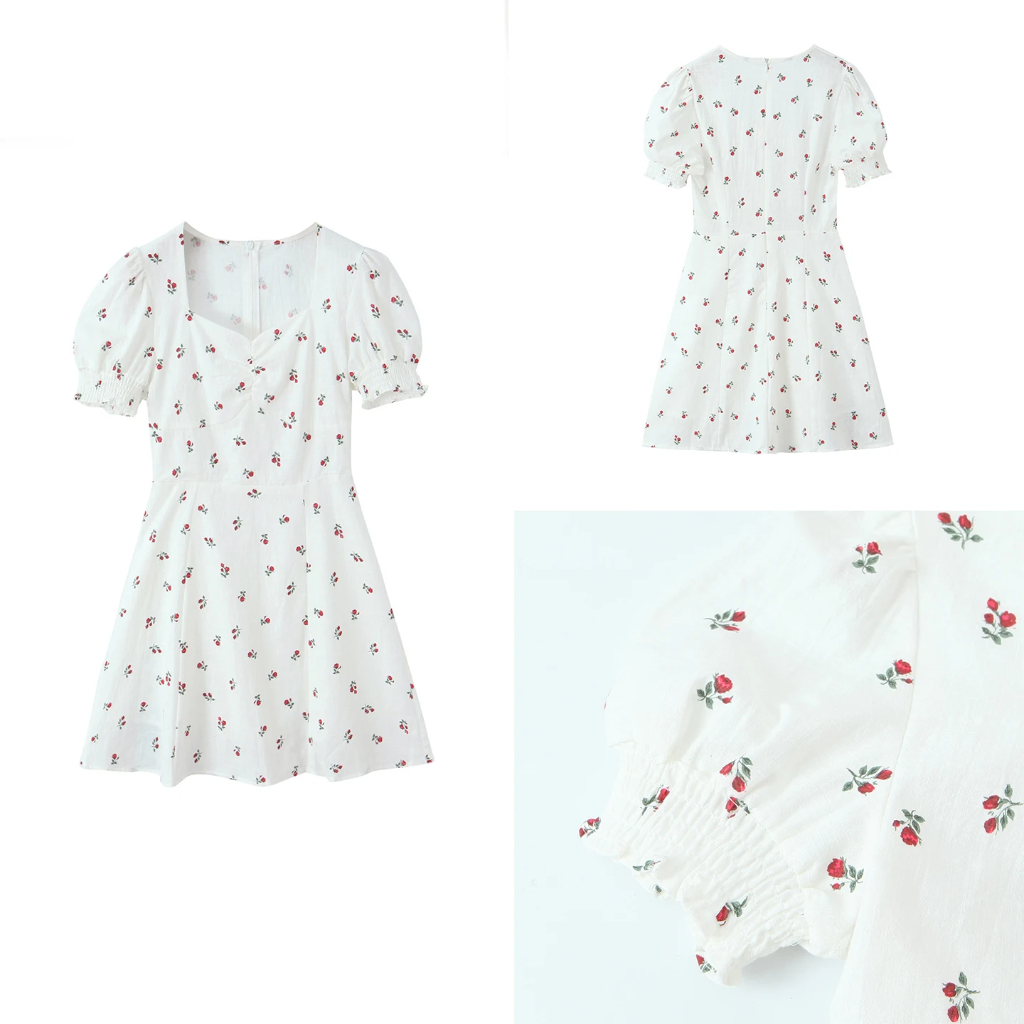 فستان نسائي ريترو سلي موديل 2025 شتوي جديد بطبعة ورود صغيرة وياقة مربعة وتصميم نحيف وأكمام منتفخة وطبعة زهور