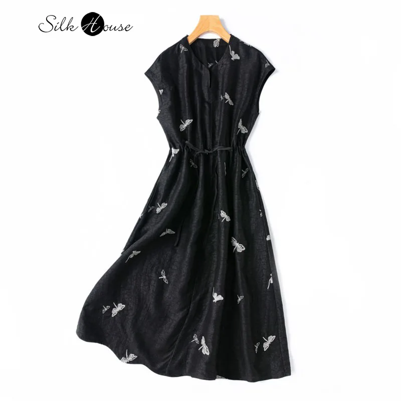 

Light Luxury 100% Natural Mulberry Silk Gambiered Guangdong Gauze Exquisite Embroidery Women's Fashionable Black V-neck Dress