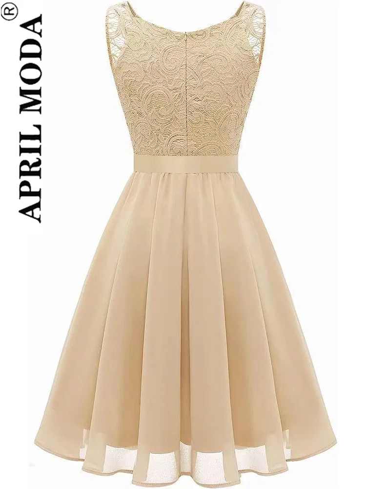 Bez rękawów koronkowa szyfonowe krótkie sukienka dla druhny lato Vintage Casual Sundress Patchwork różowy niebieski eleganckie krótkie suknie