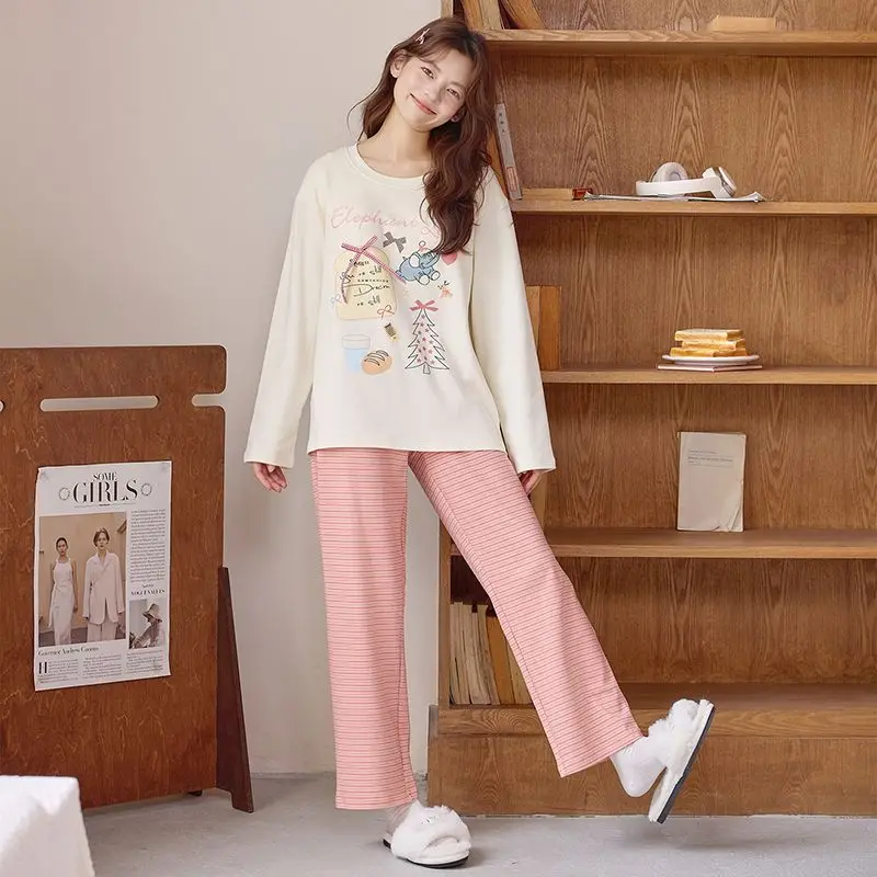 

Комплекты пижам и ночных сорочек для женщин: зимний вязаный корейский модный комплект для снежной погоды, немнущаяся одежда с V-образным вырезом, длинными рукавами, длиной до колена