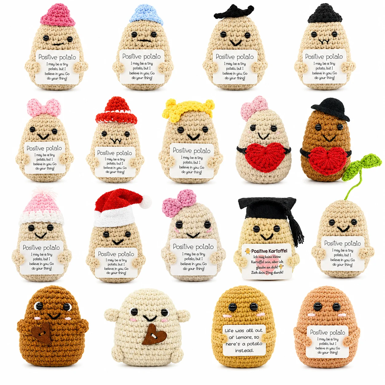 Veggie&Fruit Series Positive Energy Crochet Potato Partner Handmade Knitted Doll with Encouragement Card Mini Desk Decor Gift