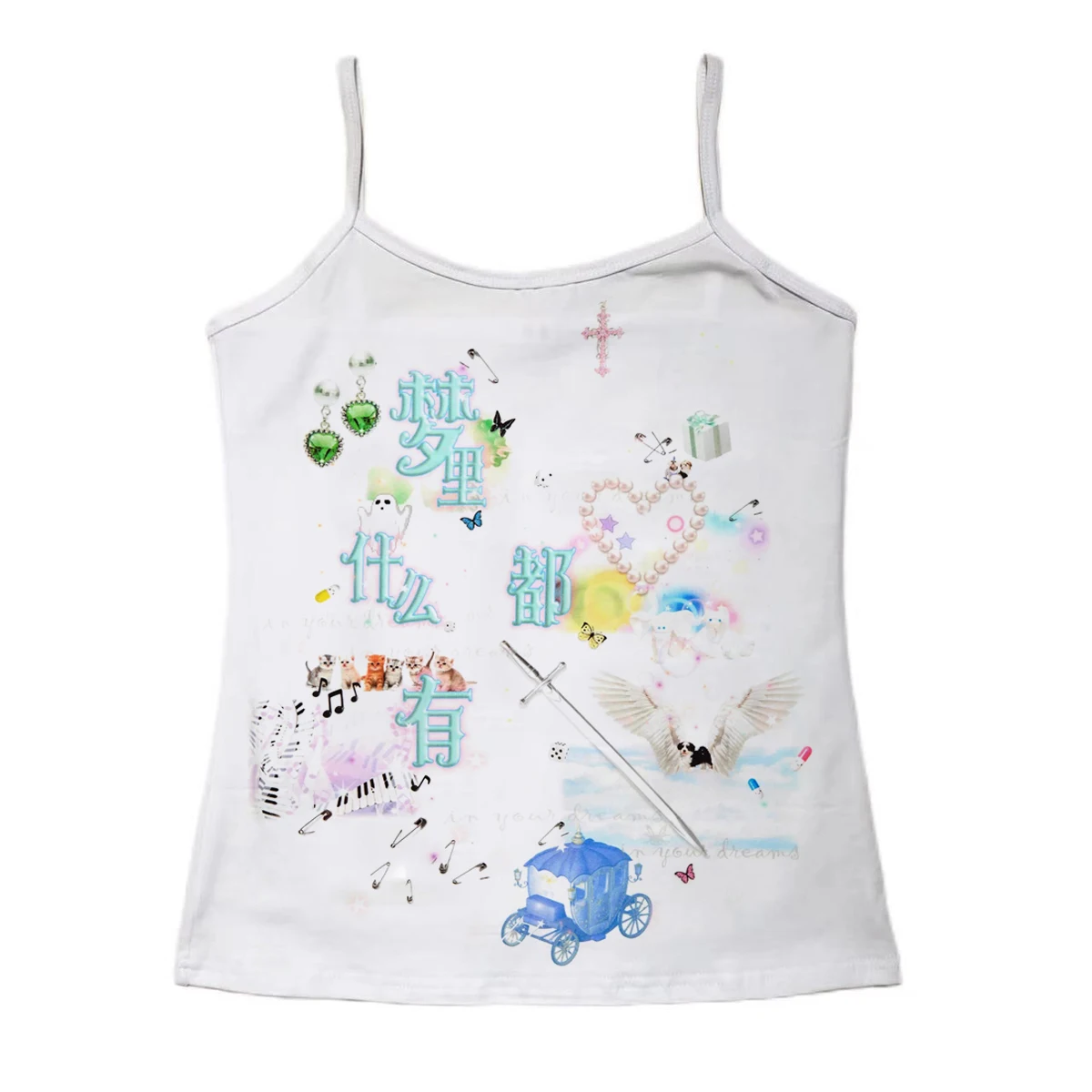 Dream Has Everything Chinese Text Collage Vest Women Coquette Aesthetic Cross Wing Carriage Print Vest Ladies Graphic