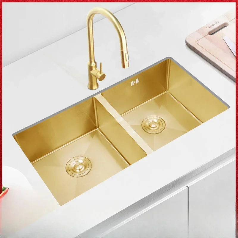 Golden nano sink basin under the table is as big as double grooves. 304 stainless steel thickened kitchen sink dish basin