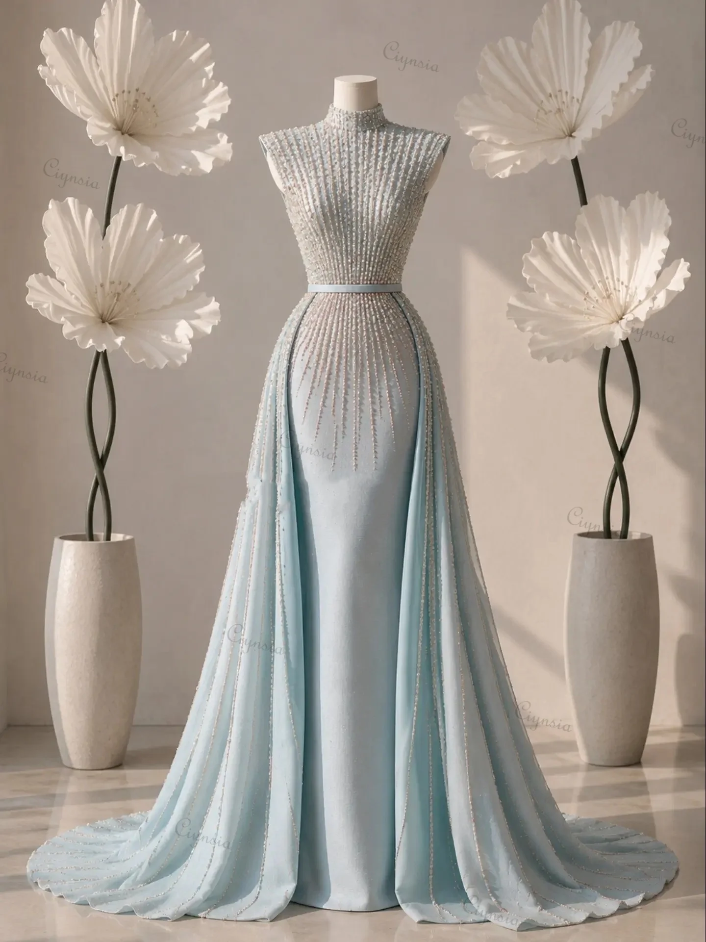 Dubai Luxury Beading Evening Dresses Mermaid High Neck Formal Prom Party Gowns with Detachable Skirt Robes De Soirée Customized