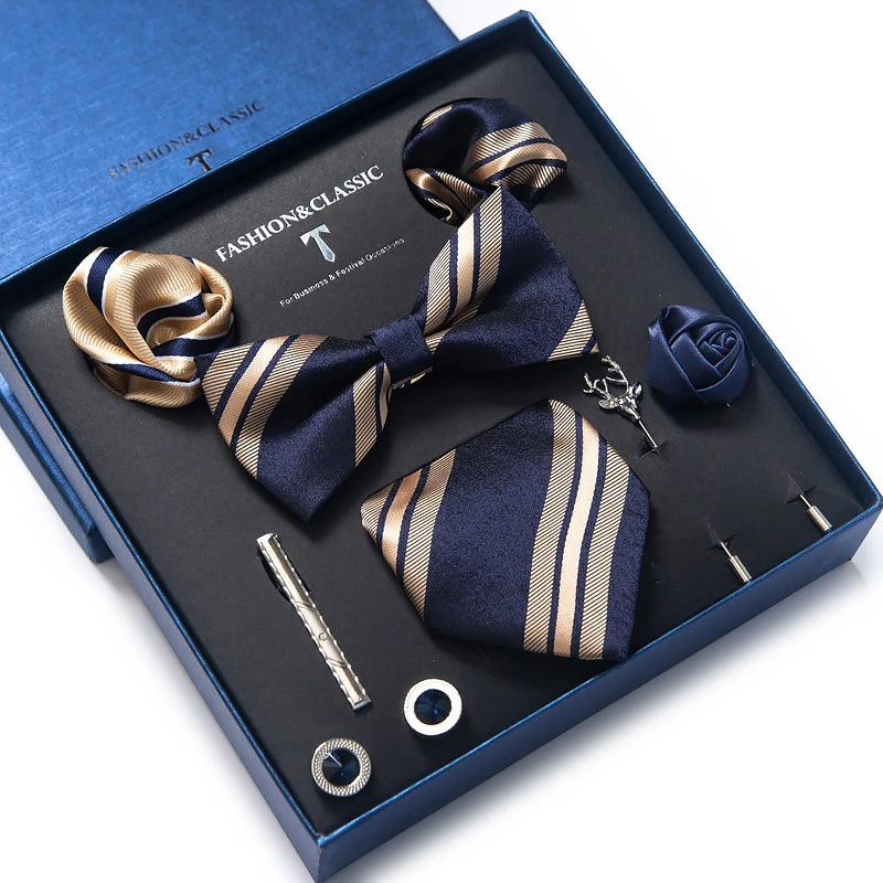 

High Quality Holiday Gift Box Tie Pocket Squares Cufflink Set Necktie Men Suit Accessories Blue Golden Stripe Wedding Gravata