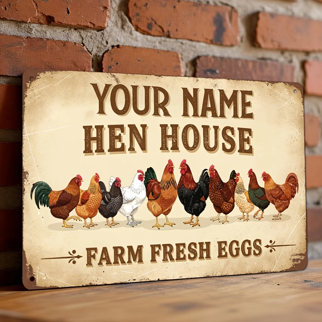 Personalized Rustic Hen House Metal Sign - Custom  Farmhouse, Chicken Coop, Garden Decor -Iron Wall Hanging with Farm Fresh Eggs