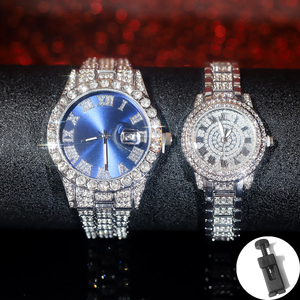 Conjunto de reloj Iced Out para hombre y mujer, 2 piezas, Hip-hop, Punk, azul real, con incrustaciones de diamantes, tendencia elegante, regalo de joyería para fiesta