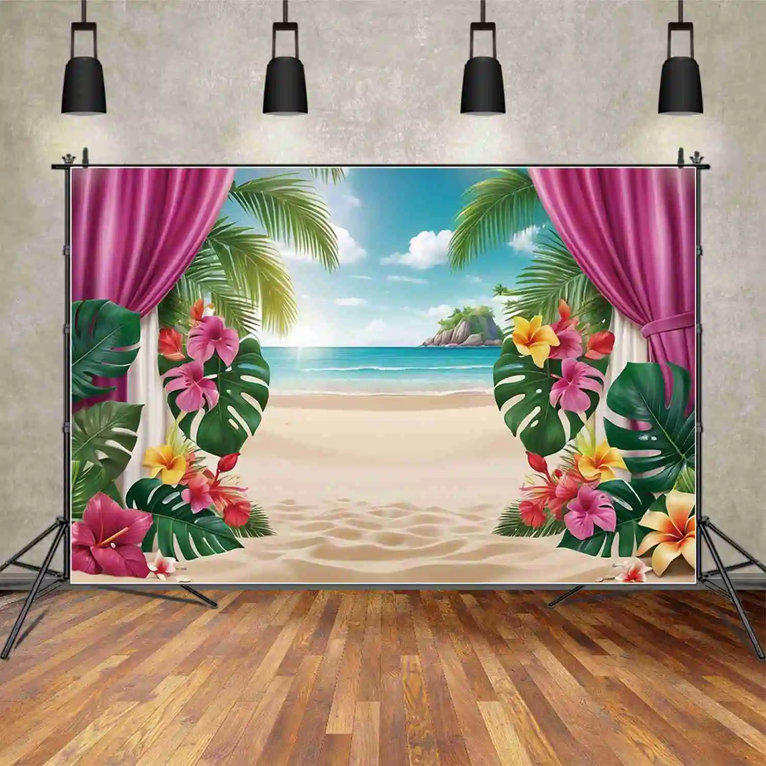 MOON.QG Tropical Beach Child Backdrop Curtain Arch Sea Landscape Backgrounds Custom Summer Holiday Decoration Photocall Supplies