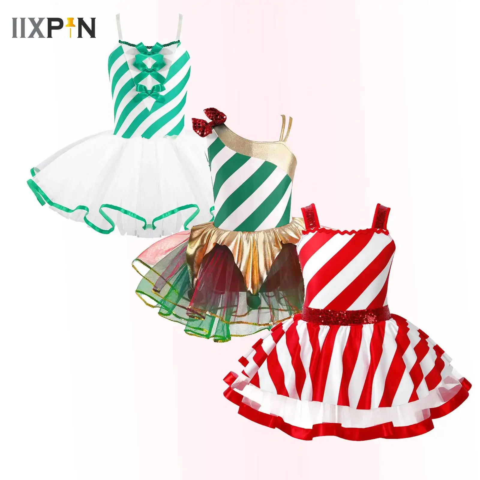 

Girls Sequin Figure Skating Dress Ballet Tutu Dance Leotards Dresses Candy Cane Xmas Christmas Elf Santa Claus Cosplay Costume
