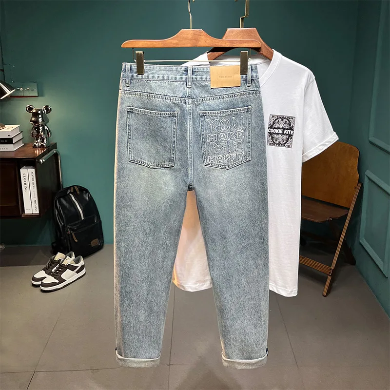 Summer Cropped Jeans Men's All-Matching Fashion Brand Embroidery Loose Hole Pencil Pants Fashion High-End Retro Pants