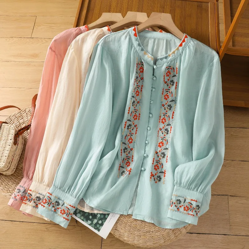 中国風の女性のブラウス韓国刺繍シャツファッションルーズ春/夏のコットンリネン服長袖女性トップス