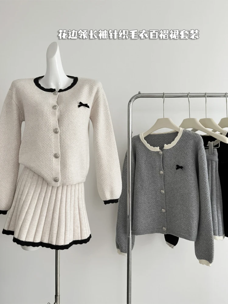 Women Grey Two Piece Sets 90s Vintage Long Sleeve Luxury Coat with Mini Skirt Vintage Y2k Skirts Sets Elegant 2000s Clothes 2024