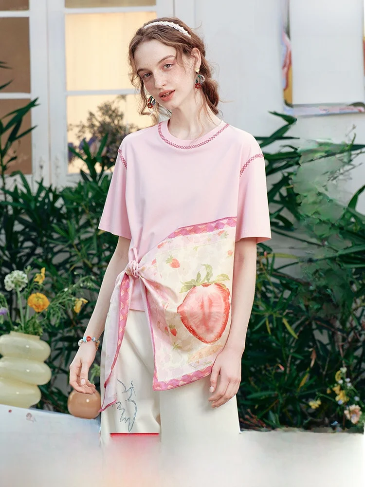 

TWO THINGS Peachberry Wine Summer 2026 Новая женская футболка с принтом и пэчворком, с поясом, короткий рукав, милая, из хлопка и полиэстера