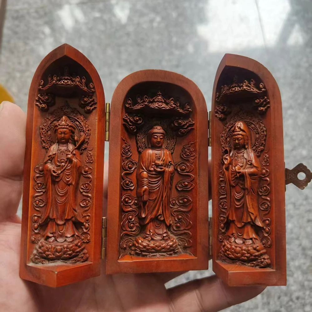 

Hand-Carved Boxwood Buddha Statue China Natural Old Collection Three Open Boxes Vintage Sculpture