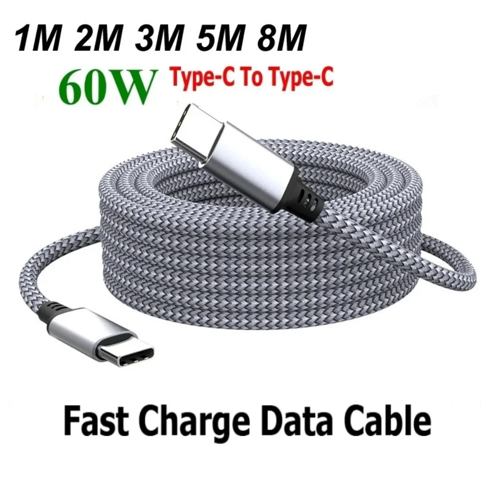 PD 60W Type-C to C Fast Charging Extension Data Cable Nylon Braided PD Data Cord For iPhone 17 15 Xiaomi Samsung 1M 2M 3M 5M 8M