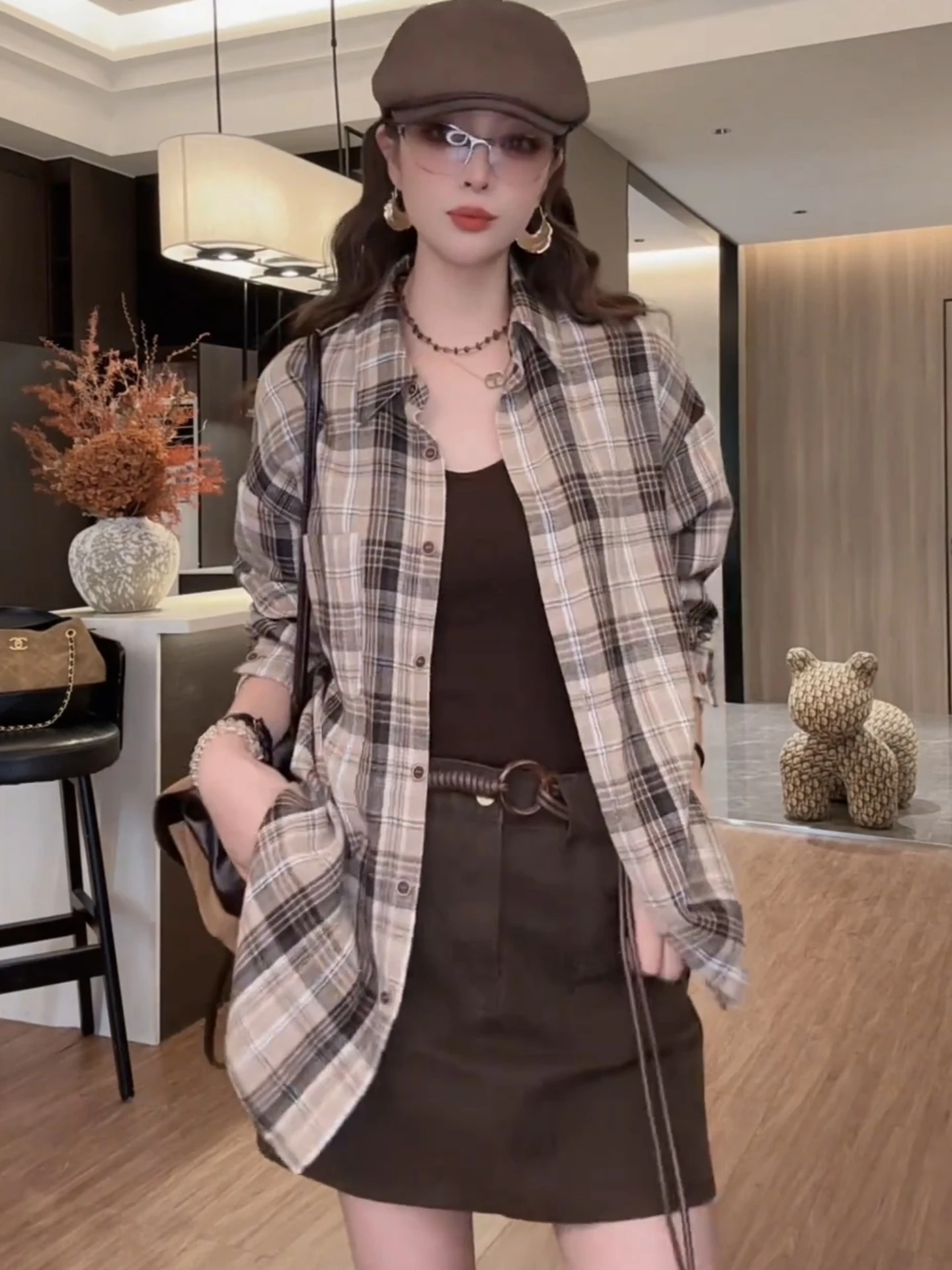 

Женский топ в стиле ретро Hong Kong Sle, ранняя осень, удобный клетчатый топ свободного покроя, корейский длинный свиток из чистого хлопка...