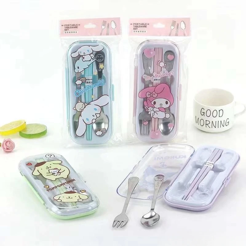 Wholesale Sanrio Anime Tableware New Cinnnamoroll Spoon Fork Chopsticks Cutlery Set Student Stainless Steel Spoon Fork Cutlery