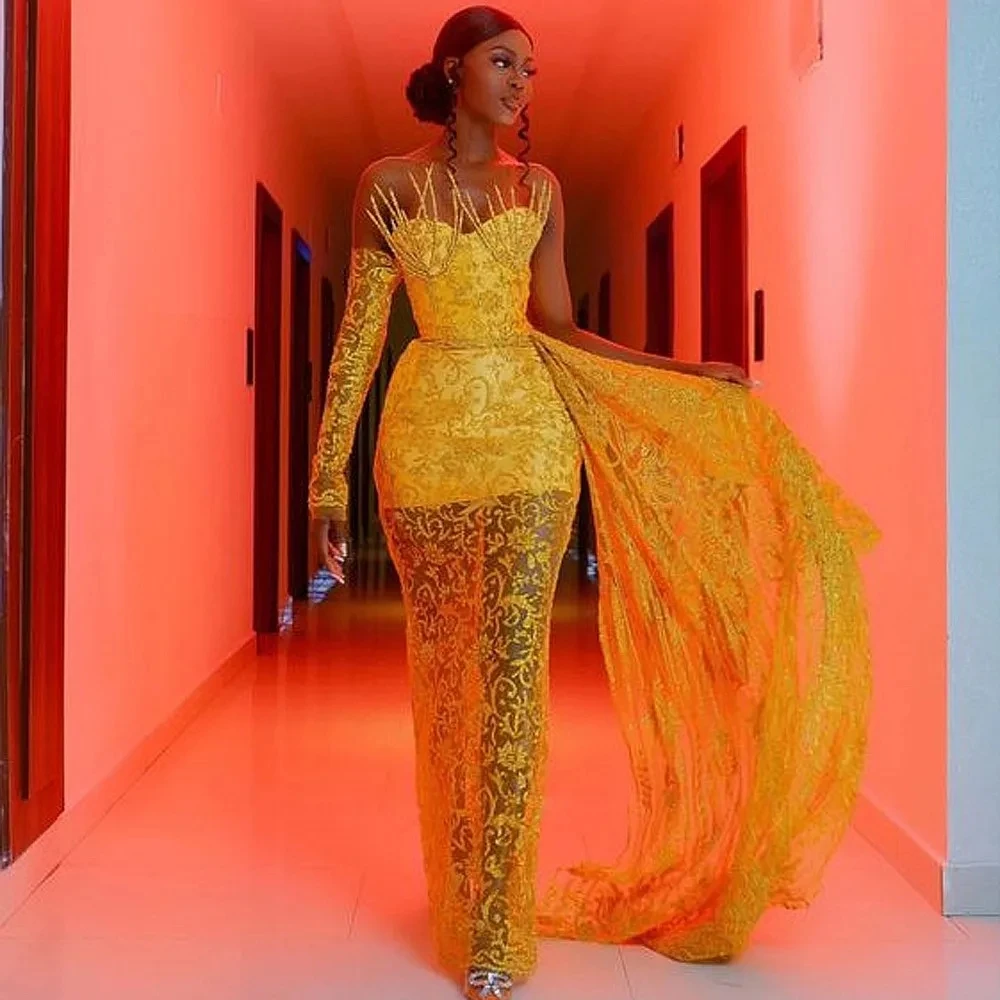 레이스 아플리케 파티 드레스 아프리카 이브닝 가운 아비예 골드 롱 슬리브 프롬 드레스 일루전 비즈 장식 스트레이트 오버레이