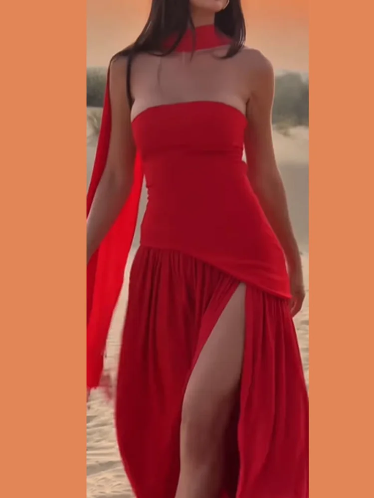 

Red Fashion Skinny Long Dress Women Backless Off Shoulder Patchwork Ruffle Split Scarf Vestidos New Summer Lady Beach Gown