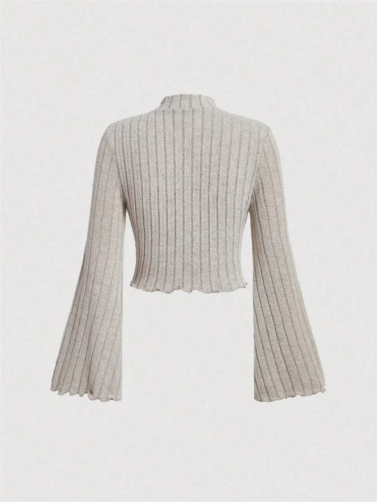 Camiseta acampanada de manga larga con cuello falso para mujer, Top corto de punto acanalado, blusa recortada, camiseta informal ajustada para primavera y otoño 2025, ropa Y2K