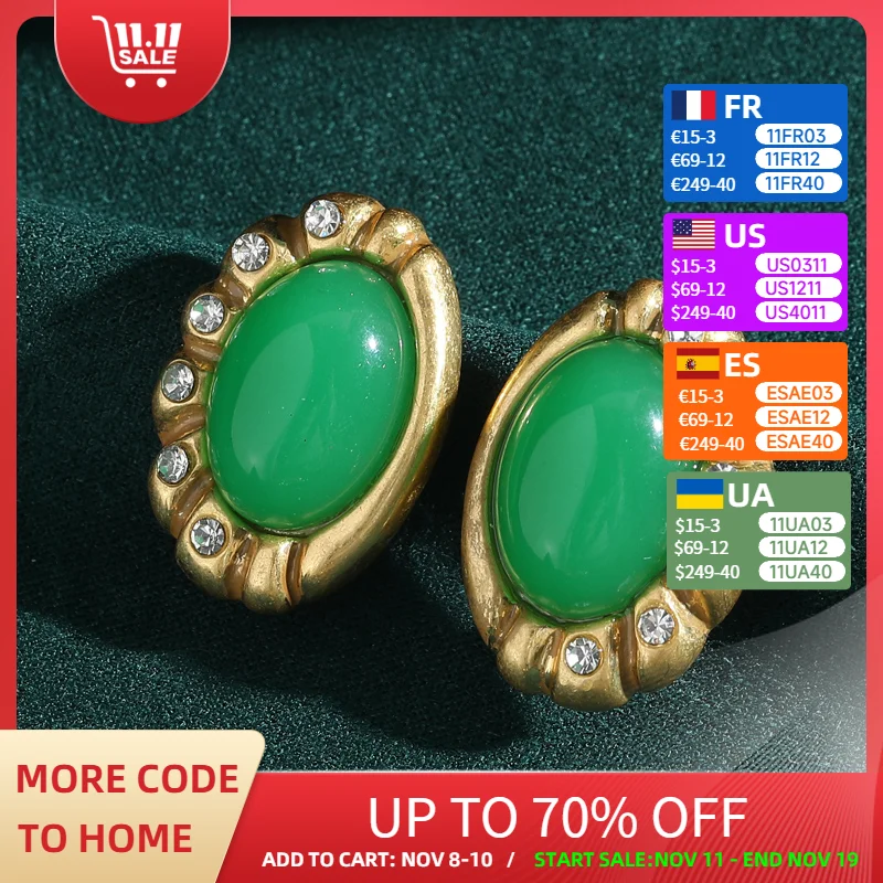 

Vintage Green Natural Stone Stud Earring Oval Gold Color Rhinestone Quality Luxury Jewelry Designer Gifts For Woman Accessories