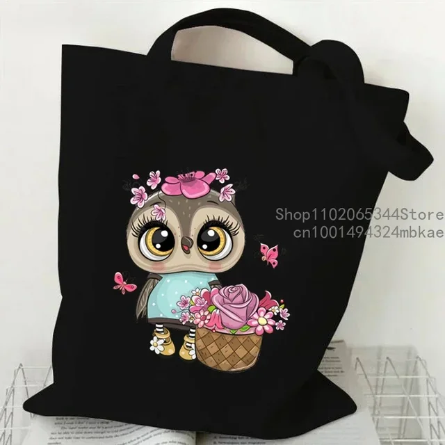 Cartoon Owl Hand painted Print Women Handbag Fashion Tote Bag High capacity Reusable Shopping Bag Kawaii Animal Lady Canvas Bag AliExpress