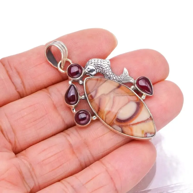 

StarGems Natural Imperial Jasper&Carp,Amethyst Handmade 925 Sterling Silver Pendant 2 1/4" F6503