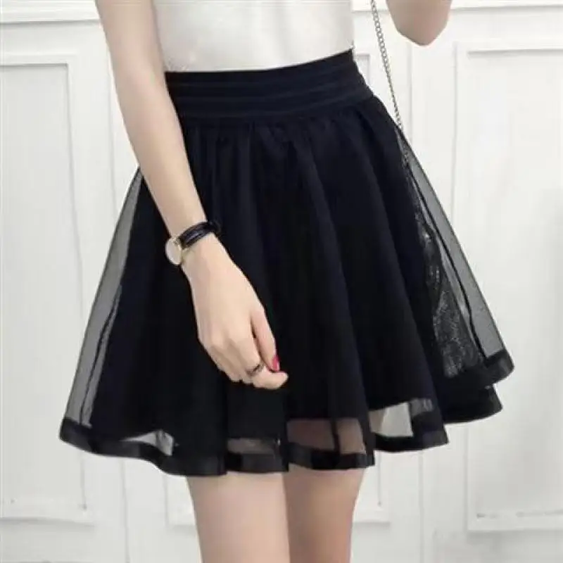 Summer New Elastic High Waist Skirt Women All-match A Line Shaggy Short Skirt Black Mesh Lace Pleated Pure Color Young Fashion