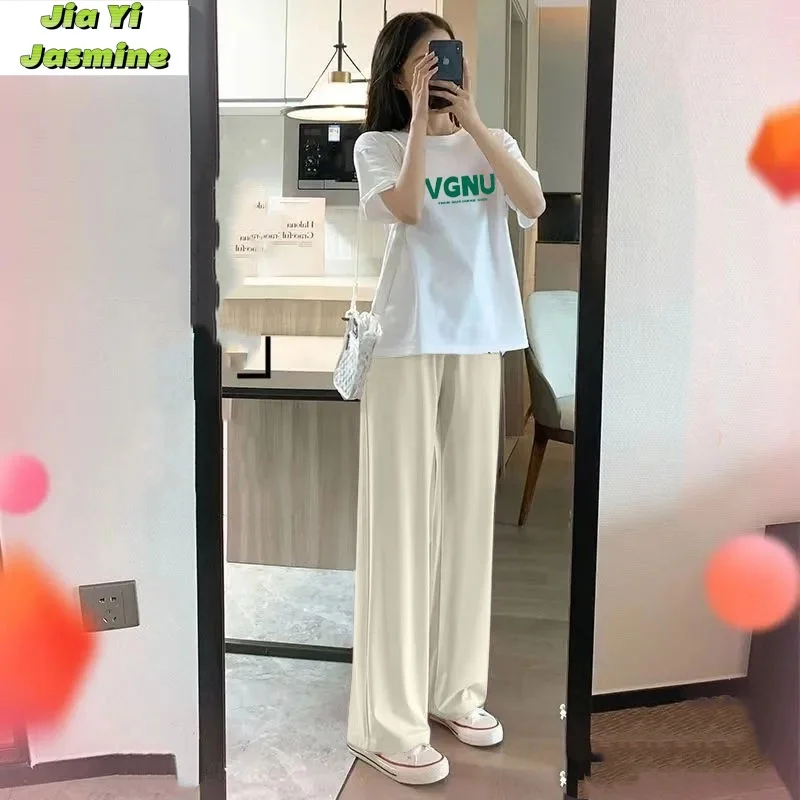 

White Salt Pure Cotton Short Sleeved T-shirt 2024 Summer New Korean Casual Wide Leg Pants Set