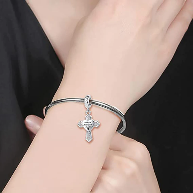 Symbol of Faith Cross Dangle Religious Charm With God All Things Are Possible Charms for Bracelet Necklace for Women