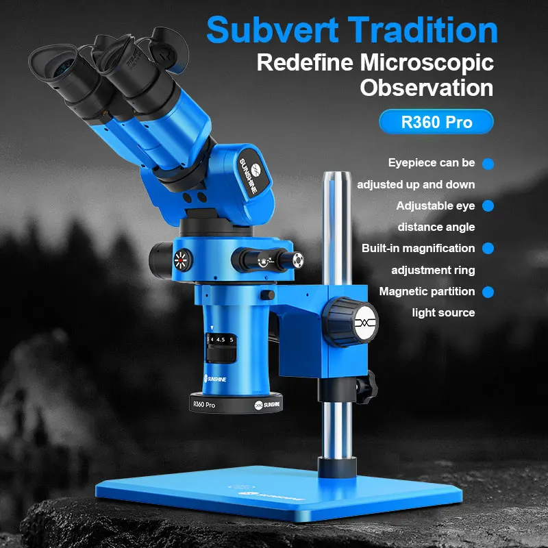 SUNSHINE R360 Pro Trinokularmikroskop, 0,7–5,8-fache Vergrößerung, Einstellring/einstellbare Augenabstandswinkel-Reparaturwerkzeuge